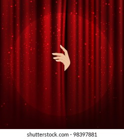 female hand disclose the scene shifting the red curtain