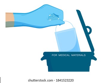female hand of doctor in medical rubber glove puts protective medical mask in special trash can. Disposal of hazardous materials, processing of industrial waste. Caring for environment. Vector