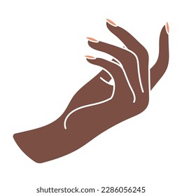 Female hand with elegant manicure. Arm of a black woman. Call to yourself with a gesture. Non-verbal language. A palm-up perspective. Finger pointing. Delicate minimalist illustration in boho style