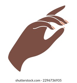 Female hand with elegant manicure. Arm of a black woman. Reach for something. Non-verbal language. Palm down perspective. Finger pointing. Delicate minimalist illustration in boho style