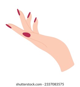 Female hand with elegant manicure. Arm of a white woman. Ask with a gesture. Non-verbal language. Palm up. Take in hand. Finger pointing. Delicate minimalist illustration in flat style. Hand pose.