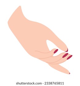 Female hand with elegant manicure. Arm of a white woman. Reach for something. Non-verbal language. Palm up perspective. Finger pointing. Delicate minimalist illustration in flat style.