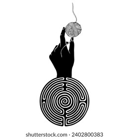 Female hand emerging from a round spiral maze or labyrinth symbol and holding a yarn ball. Ariadne's thread. Philosophical mythological concept. Black and white silhouette.