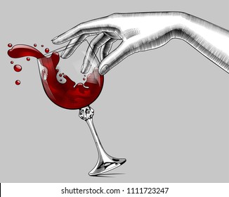 Female hand and a falling glass with splashed red wine. Vintage engraving stylized drawing. Vector illustration