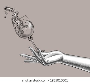 Female hand with a falling glass with splashed wine. Vintage engraving stylized drawing. Vector illustration