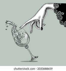 Female hand and a falling glass with splashed wine. Vintage engraving stylized drawing. Vector illustration