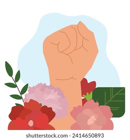 female hand fight gesture power floral in flat illustration