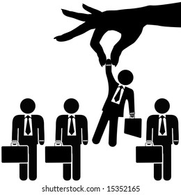 A female hand to find, select, choose, pick a businessman to dangle above a line of business people for employment, recognition,  promotion, hire, etc.