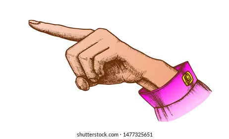 Female Hand Finger Showing Choice Gesture Vector. Woman Hand In Sleeve Of Business Suit. Lady Forefinger Wrist Gesturing Select Something Designed In Retro Style Color Closeup Illustration