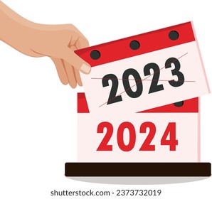 female hand flips a calendar with dates from 2023 to 2024, vector illustration