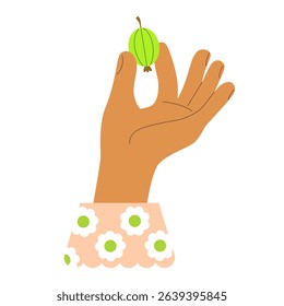 Female hand with floral print cuff holds ripe fresh gooseberry. Cute vector illustration for fruit jam label design, pie recipe, gardening and vegetable gardening, farm shop.