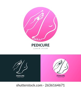 Female hand and foot in pink circle icon, logo sign emblem design template. Vector women's arm, leg linear illustration. Skincare, manicure and pedicure, spa massage and cosmetics brand label concept