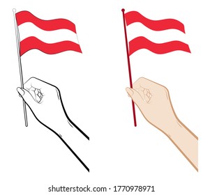 Female hand gently holds the small flag of Austria with her fingers. Holiday design element. Vector on a white background
