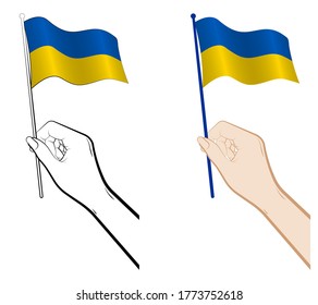 Female hand gently holds the small flag of Ukraine with her fingers. Holiday design element. Vector on a white background