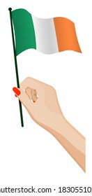 Female hand gently holds small irish flag. Holiday design element. Cartoon vector on white background