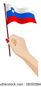 Female hand gently holds small Slovenia flag. Holiday design element. Cartoon vector on white background