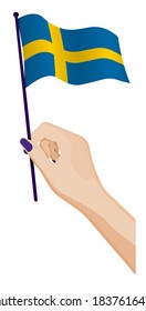 Female hand gently holds small Sweden flag. Holiday design element. Cartoon vector on white background
