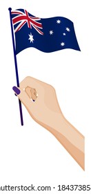 Female hand gently holds small Flag of Australia. Holiday design element. Cartoon vector on white background