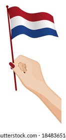 Female hand gently holds small flag of Holland, Netherlands. Holiday design element. Cartoon vector on white background