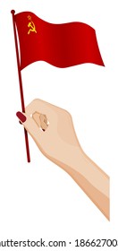 La mano femenina gentilmente sostiene la pequeña bandera de la Unión Soviética, la URSS. Elemento de diseño de vacaciones. Vector de dibujos animados sobre fondo blanco