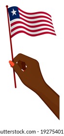 Female hand gently holds small flag of liberia. Holiday design element. Cartoon vector on white background