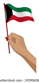 Female hand gently holds small Kuwait flag. Holiday design element. Cartoon vector on white background