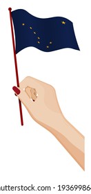 Female hand gently holds small flag of american state of Alaska. Holiday design element. Cartoon vector on white background