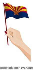 Female hand gently holds small flag of american state of Arizona. Holiday design element. Cartoon vector on white background