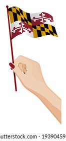 Female hand gently holds small flag of american state of Maryland. Holiday design element. Cartoon vector on white background