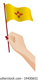 Female hand gently holds small flag of american state of New Mexico. Holiday design element. Cartoon vector on white background