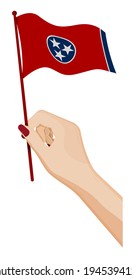 Female hand gently holds small flag of american state of Tennessee. Holiday design element. Cartoon vector on white background