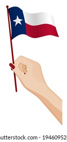 Female hand gently holds small flag of american state of Texas. Holiday design element. Cartoon vector on white background