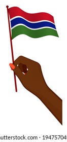 Female hand gently holds small flag of Gambia. Holiday design element. Cartoon vector on white background