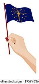 Female hand gently holds small flag of american state of Indiana. Holiday design element. Cartoon vector on white background