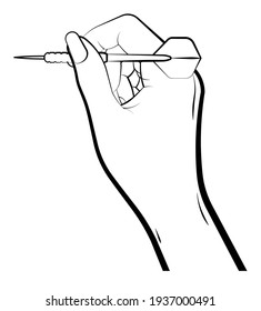 female hand gently takes small arrow for sport darts game with his fingers and aims for accurate target throwing. Vector on white background