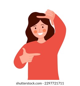 Female with hand gesture holding camera and taking photo shot in flat design on white background.