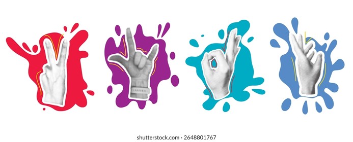 Female hand gestures in halftone style on bright spots of paint. Set of signs for social networks and communication. Contemporary collage with trendy signs of human hand. Vector graphics