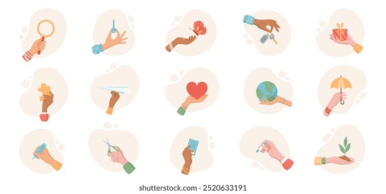 Female hand gestures and symbols set with items in cartoon flat style. Diverse actions like hold, give, and touch by human arms. Isolated icons with heart, planet, puzzle and gift for education.