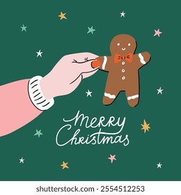 Female hand with ginger man. Arm holding Christmas cookie and lettering Merry Christmas on green background. Holiday vector illustration for print, poster, card, banner.