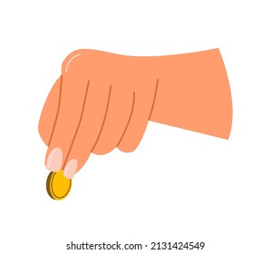 Female hand giving gold coin. Person holding money. Paymant gesture. Donation and financial support concept. Flat vector illustration isolated on white background