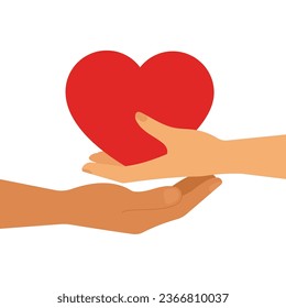 Female hand is giving heart to male hand. Symbol of kindness, love, empathy, charity mental health and family. Vector isolated illustration. Positive human feelings concept.