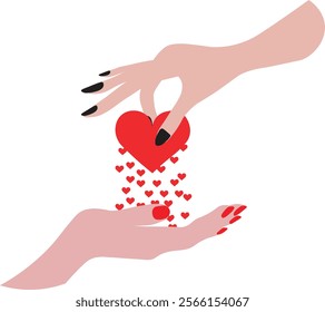 Female hand is giving heart to male hand. Symbol of kindness, love, empathy, charity mental health and family.