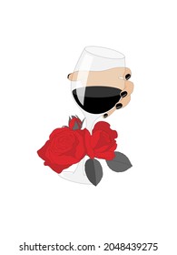 Female Hand With A Glass Of Blach Wine With Red Vintage Roses. Isolated Vector Illustration On White Background. Opaque Object