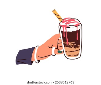 Female hand with glass cup of milk coffee with cream foam. Woman holds mug of hot beverage with straw. Girl carries drink, macchiato from coffeehouse. Flat isolated vector illustration on white