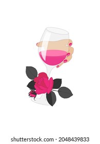 Female Hand With A Glass Of Pink Wine With Pink Vintage Roses. Isolated Vector Illustration On White Background. Opaque Object