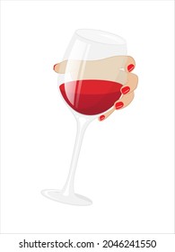 Female Hand With A Glass Of Red Wine. Isolated Vector Illustration On White Background. Opaque Object