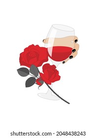 Female Hand With A Glass Of Red Wine With Red Vintage Roses. Isolated Vector Illustration On White Background. Opaque Object