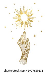 Female hand and golden sun with stars, vintage boho design for palmistry and astrology. Vector line illustration, oriental art, aesthetic card.