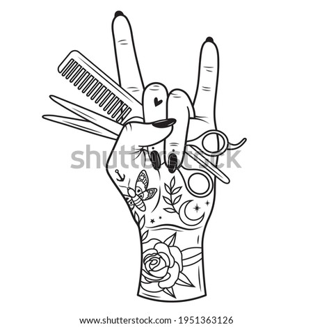 Female hand with hairdressing tools. Hairdresser logo. Beauty salon. Hair hustlers illustration. Stylists hand with scissors. Horn sign. Haircut. Tattoo.