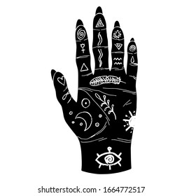 Female hand. Hand-drawn alchemy, religion, spirituality, occultism. Flat color vector illustration. Black and white. Magic sketch of a tattoo. Mystical drawing.